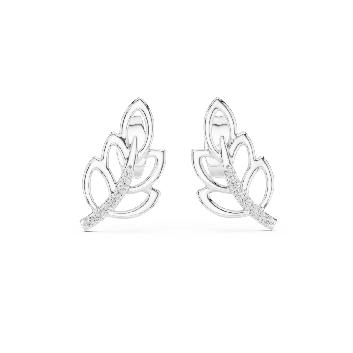 Moissanite Leaf Branch Stud Earrings in white 925 sterling silver, view 4