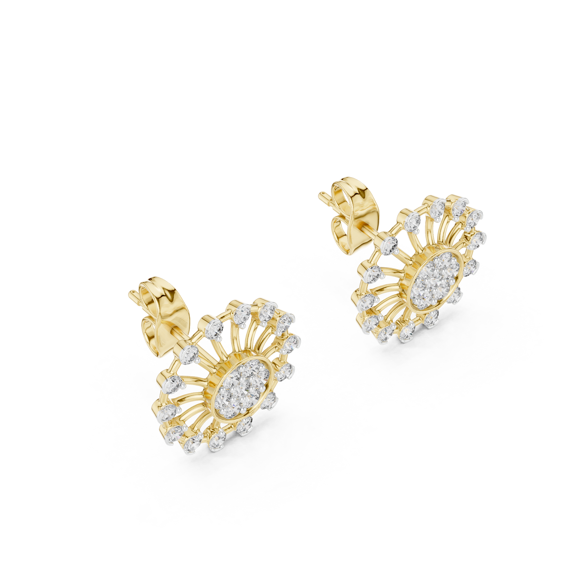Moissanite Wheel Cluster Stud Earrings in yellow 925 sterling silver, view 2