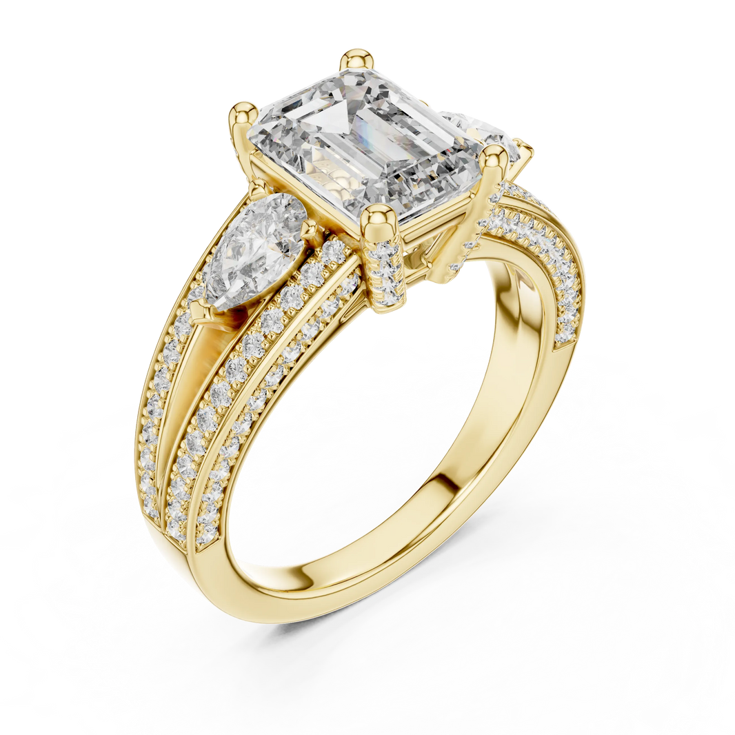 Emerald Cut Moissanite Ring with Pear Sides and Split Pavé Shank in yellow 925 sterling silver, view 2