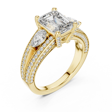 Emerald Cut Moissanite Ring with Pear Sides and Split Pavé Shank in yellow 925 sterling silver, view 2