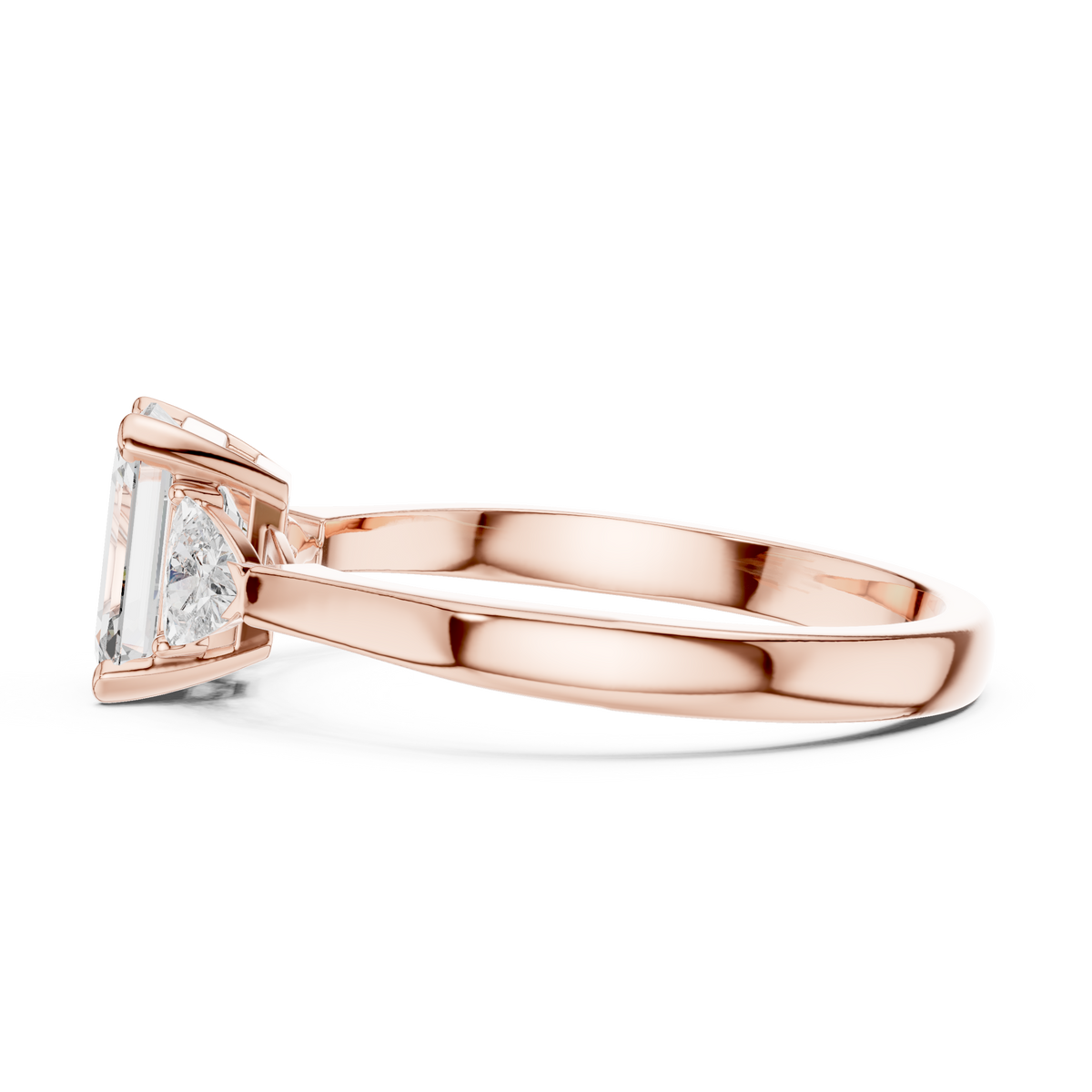 Emerald Cut and Trillion Three Stone Moissanite Engagement Ring in rose 925 sterling silver, view 3
