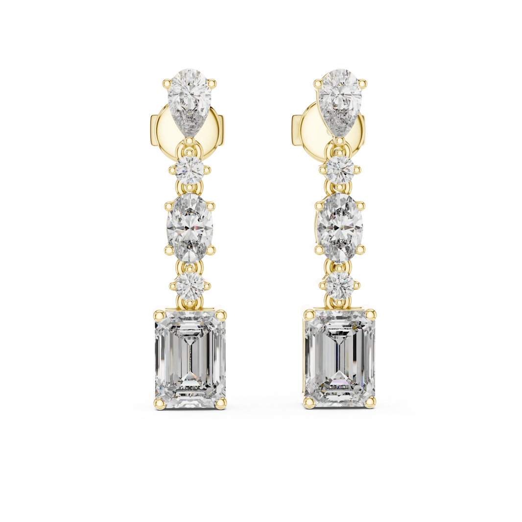 Emerald pear and oval moissanite drop earrings in yellow 925 sterling silver, view 4