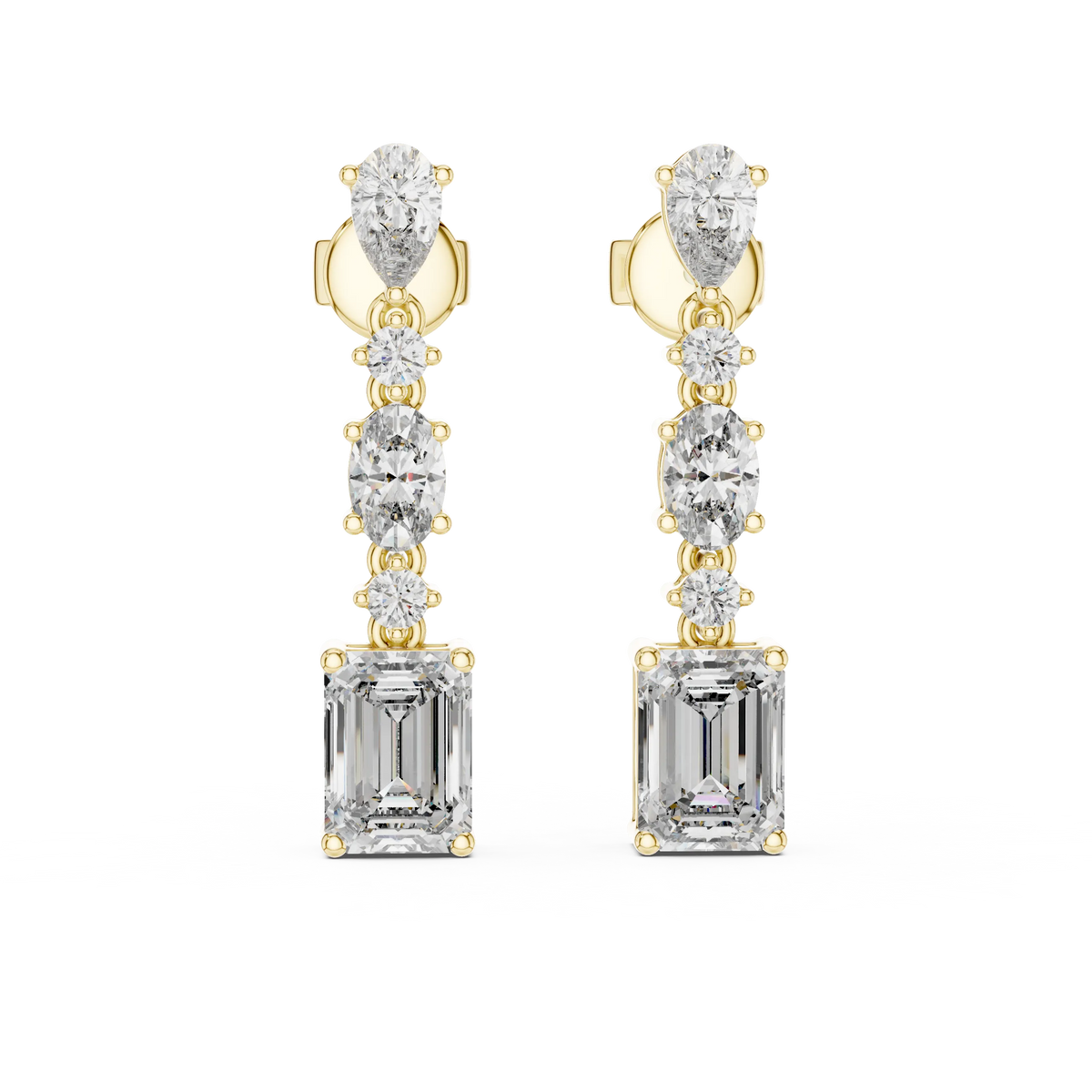 Emerald pear and oval moissanite drop earrings in yellow 925 sterling silver, view 4