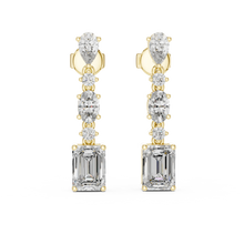 Emerald pear and oval moissanite drop earrings in yellow 925 sterling silver, view 4