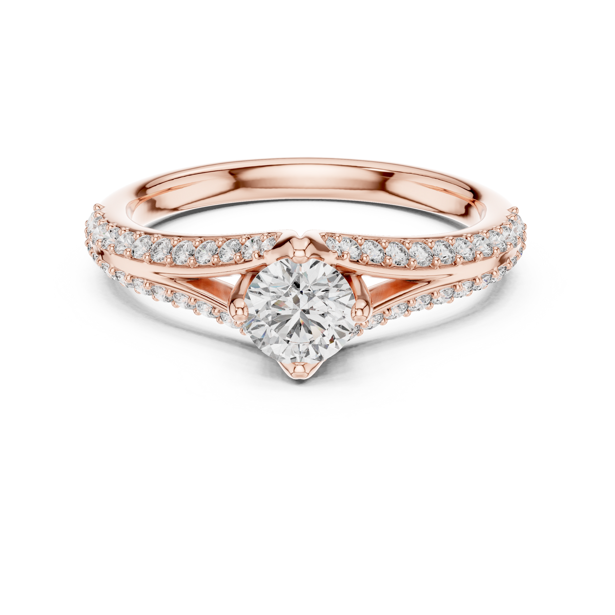 Round Compass Set Moissanite Bypass Ring with Pavé Split Shank in rose 925 sterling silver, view 4