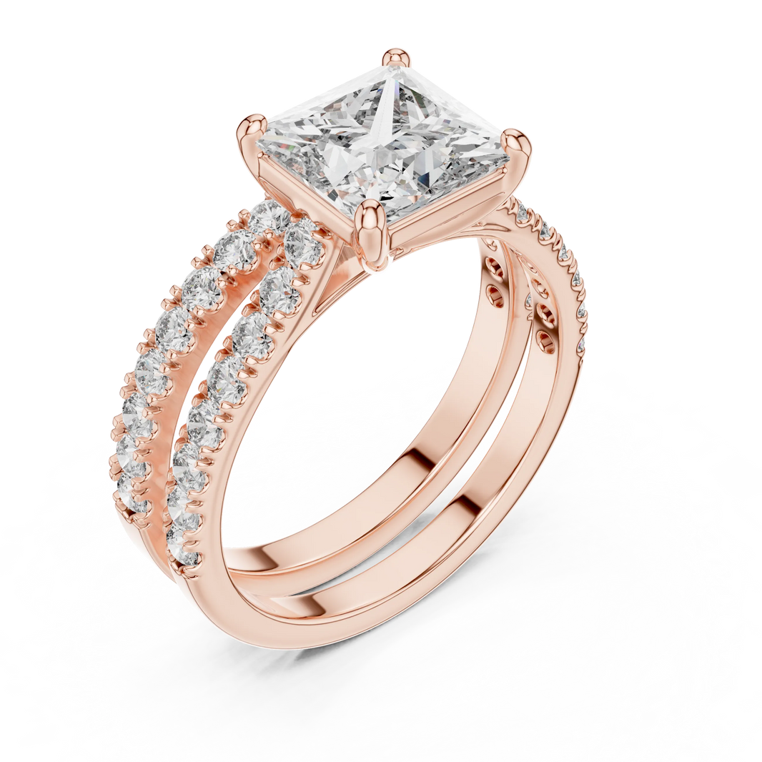 Princess Cut Moissanite Double Pavé Band Ring in rose 925 sterling silver, view 2