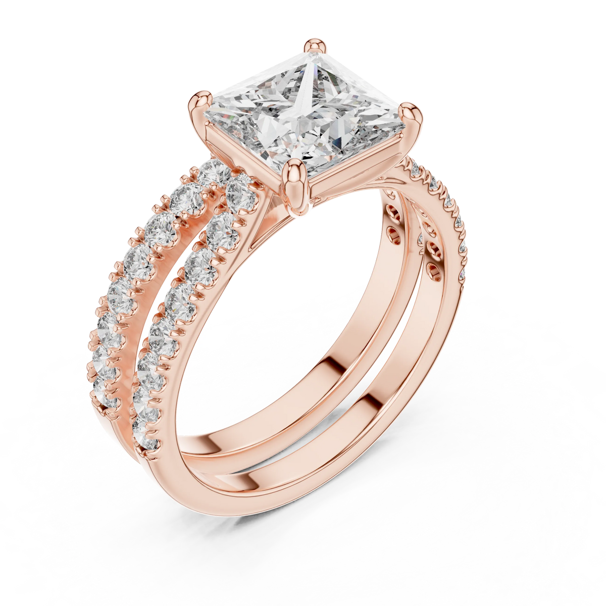 Princess Cut Moissanite Double Pavé Band Ring in rose 925 sterling silver, view 2