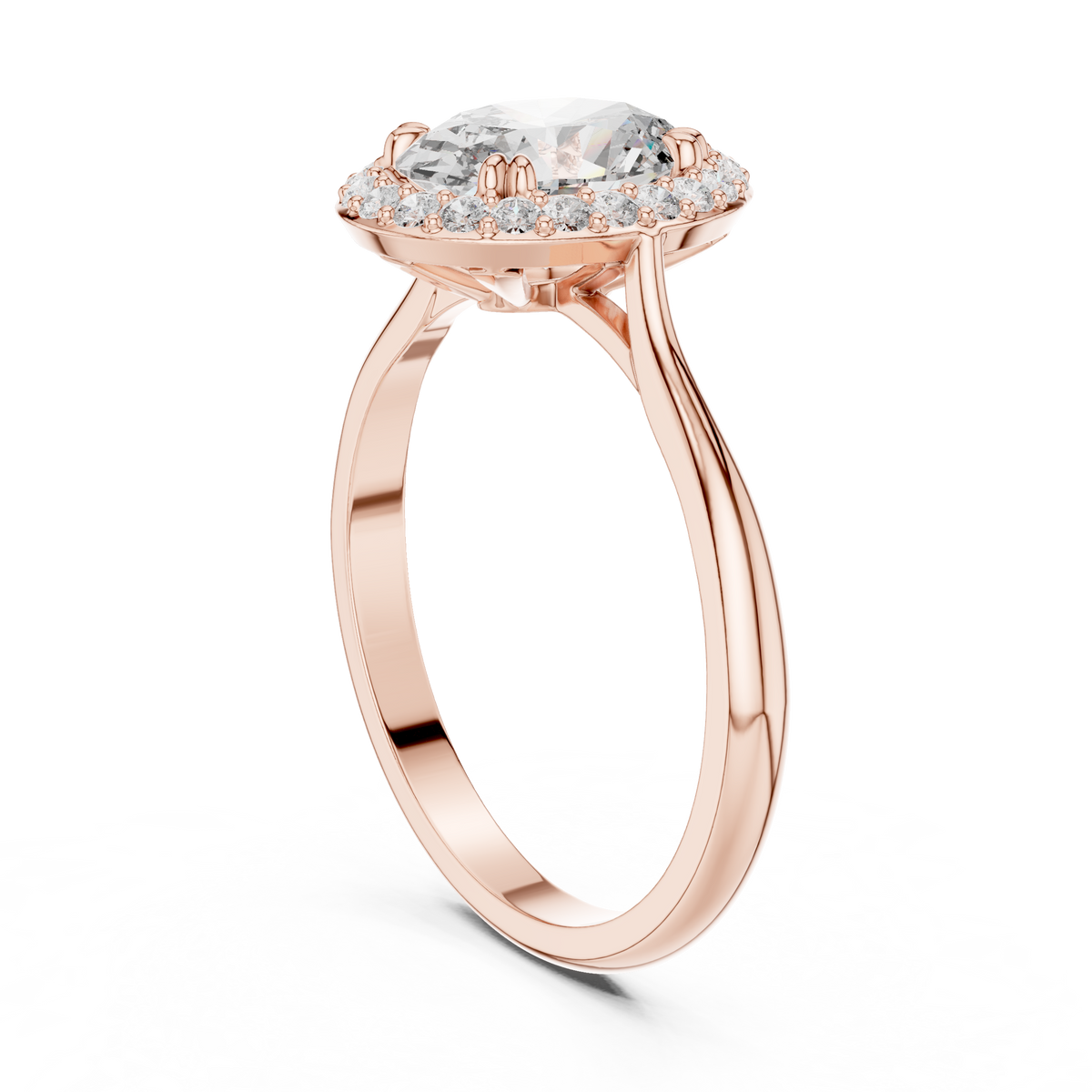 Oval Single Halo Moissanite Ring with Tapered Band in rose 925 sterling silver, view 1