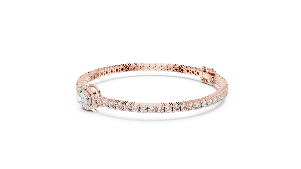 Oval Halo Centre Moissanite Tennis Bracelet in rose 925 sterling silver, view 2