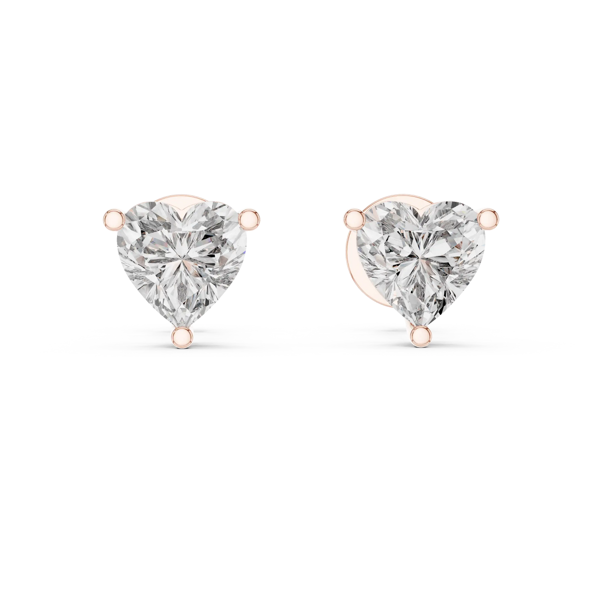 Heart moissanite stud earrings in rose 925 sterling silver, three-prong basket, view 4