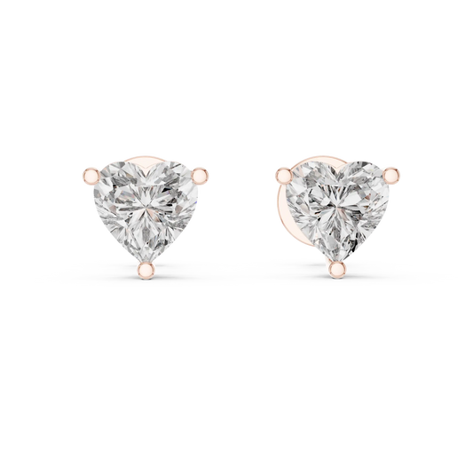 Heart moissanite stud earrings in rose 925 sterling silver, three-prong basket, view 4