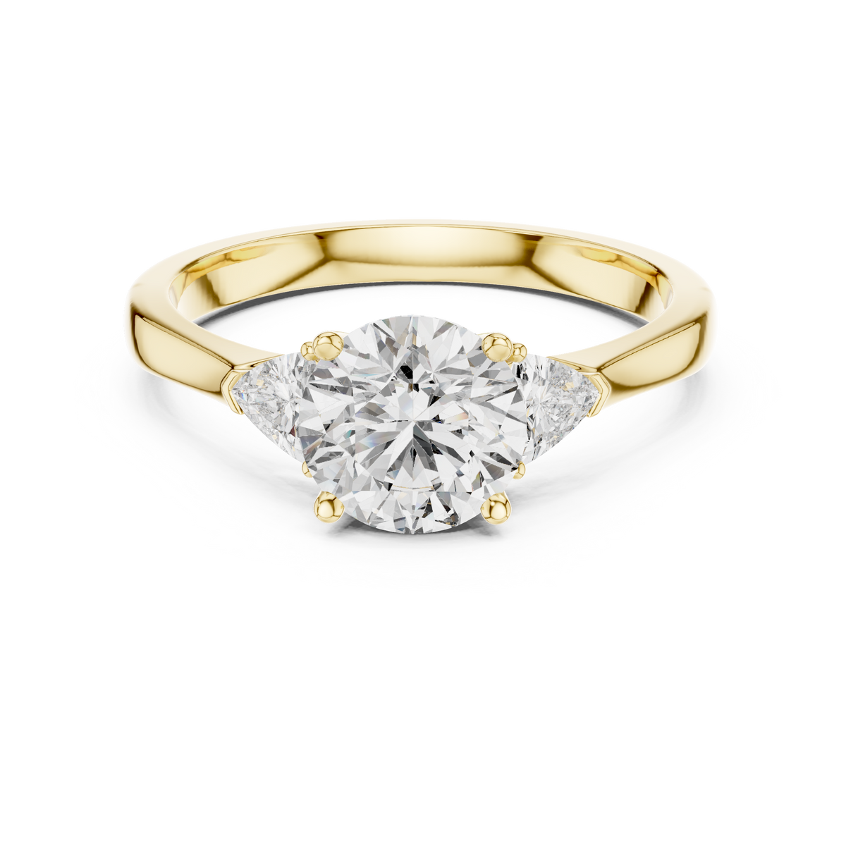 Round and Trillion Three Stone Moissanite Ring in yellow 925 sterling silver, view 4