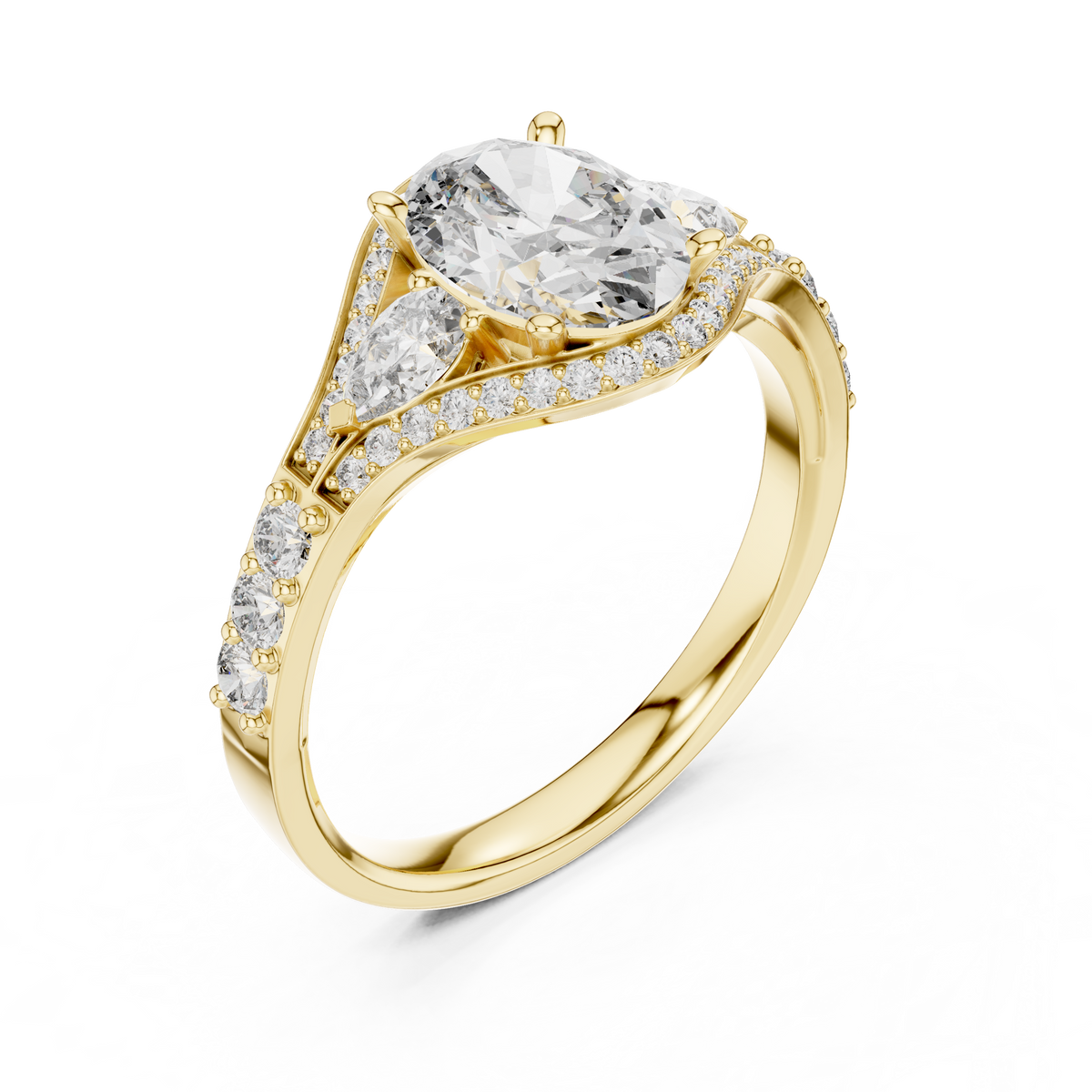 Oval and Pear Moissanite Halo Ring with Split Pavé Shoulders in yellow 925 sterling silver, view 2