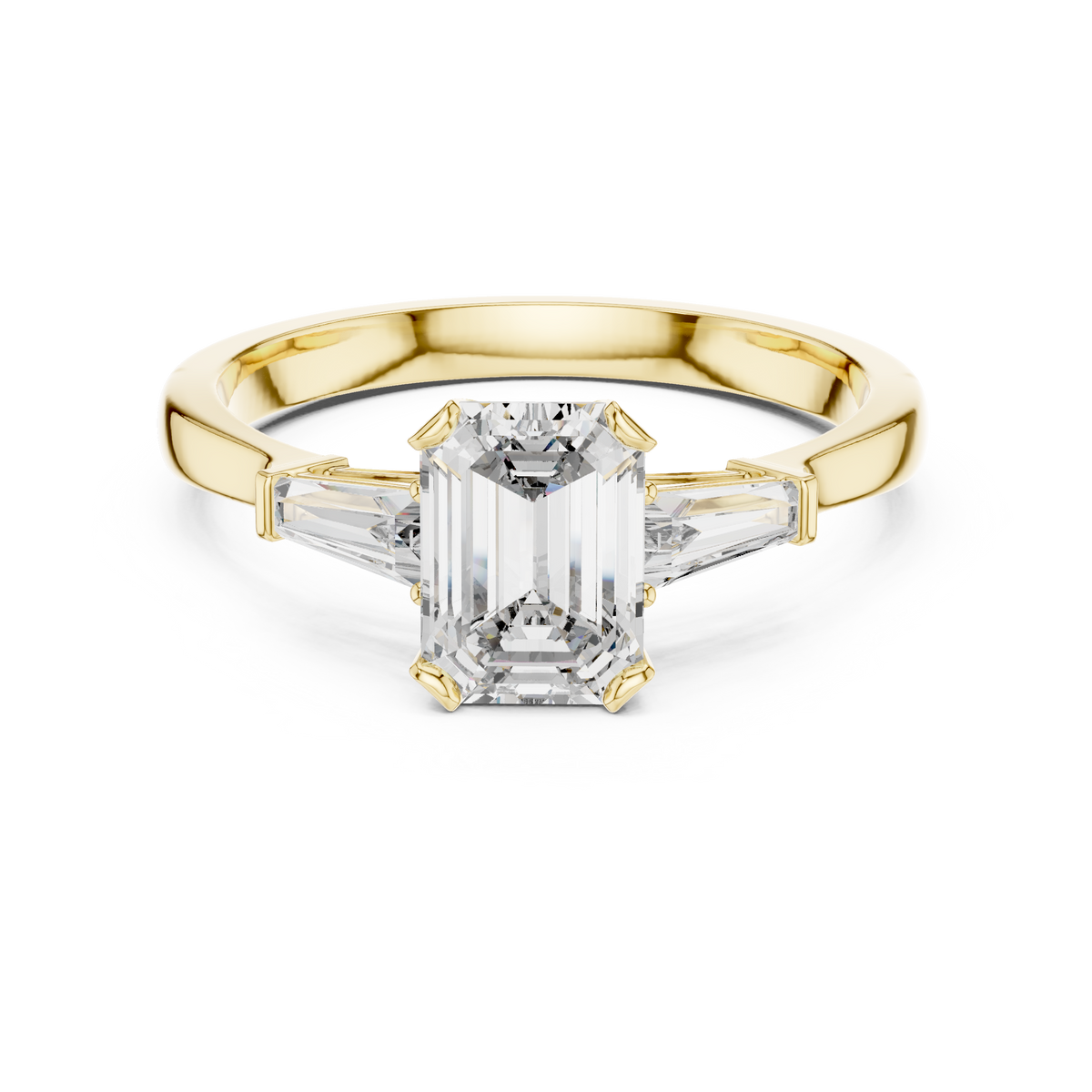 Emerald Cut Moissanite Ring with Tapered Baguette Sides in yellow 925 sterling silver, view 4