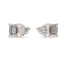 Heart and emerald moissanite toi et moi stud earrings in rose 925 sterling silver, view 4
