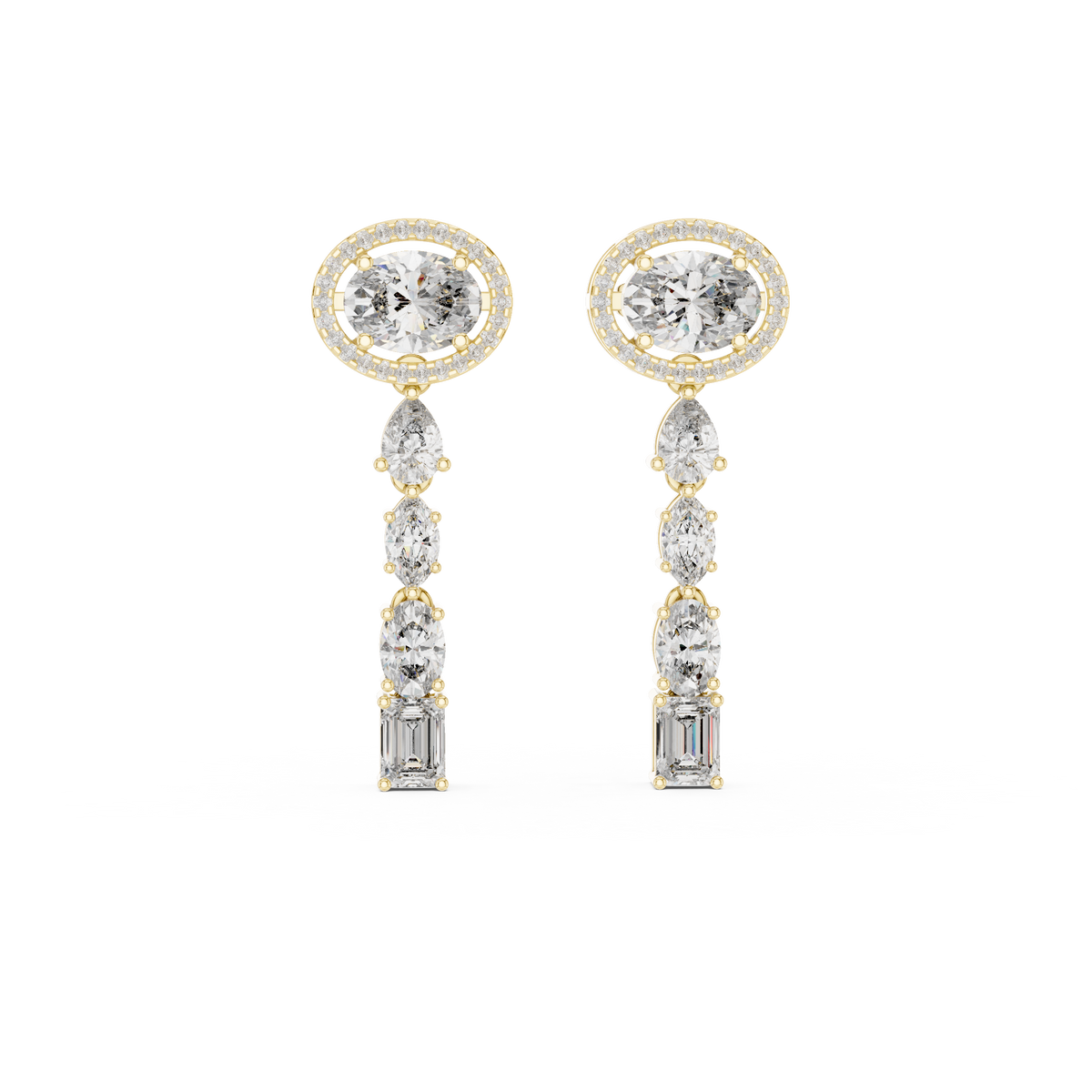 Oval Halo Mixed Shape Moissanite Line Drop Earrings in yellow 925 sterling silver, view 4