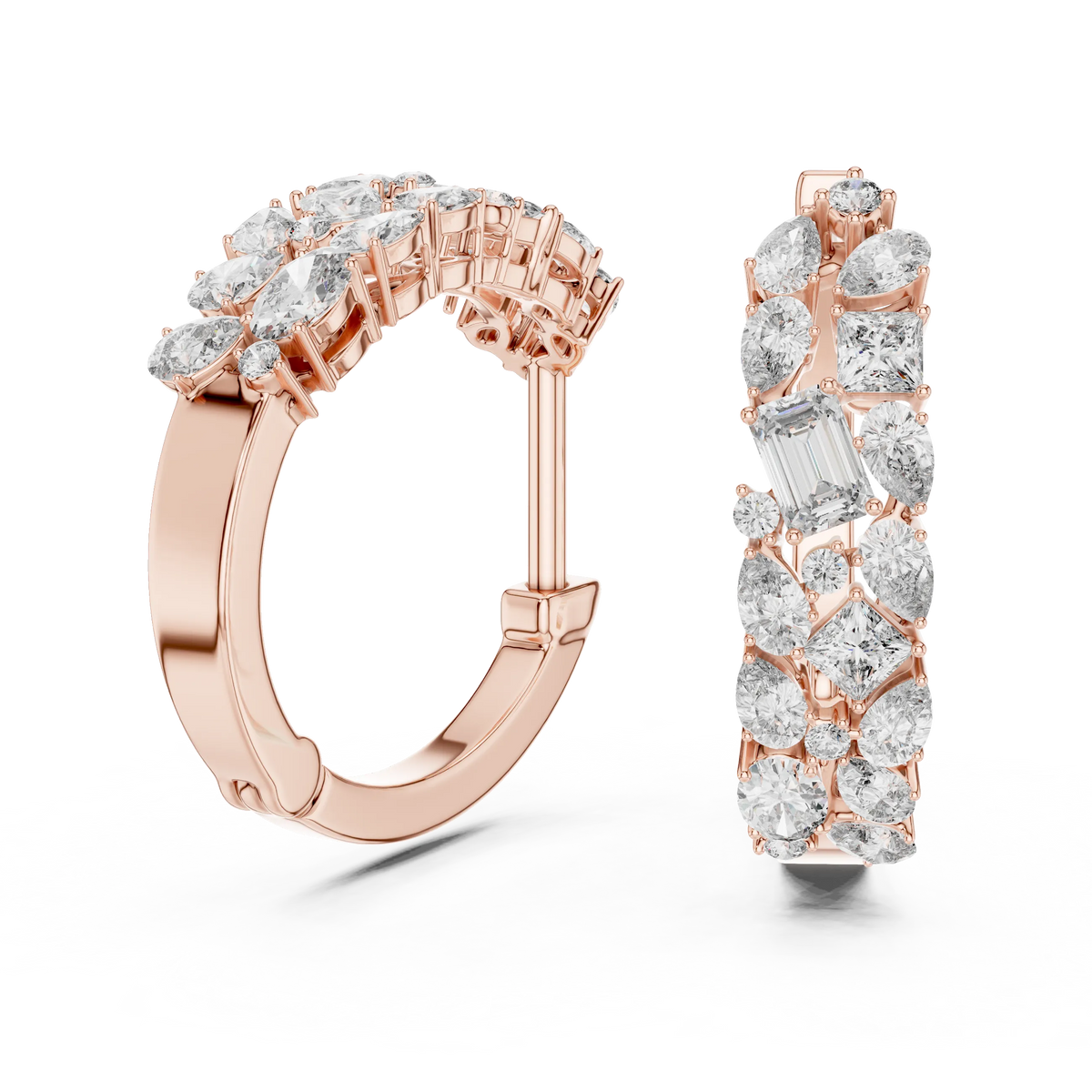 Mixed shape moissanite cluster hoop earrings in rose 925 sterling silver, view 1