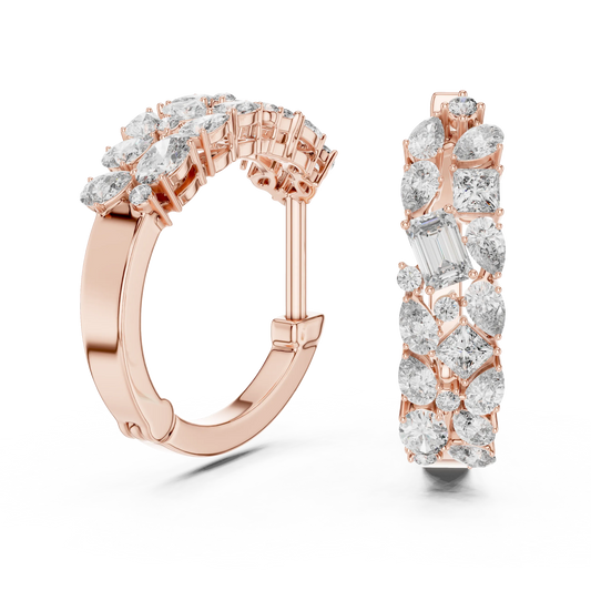 Mixed shape moissanite cluster hoop earrings in rose 925 sterling silver, view 1