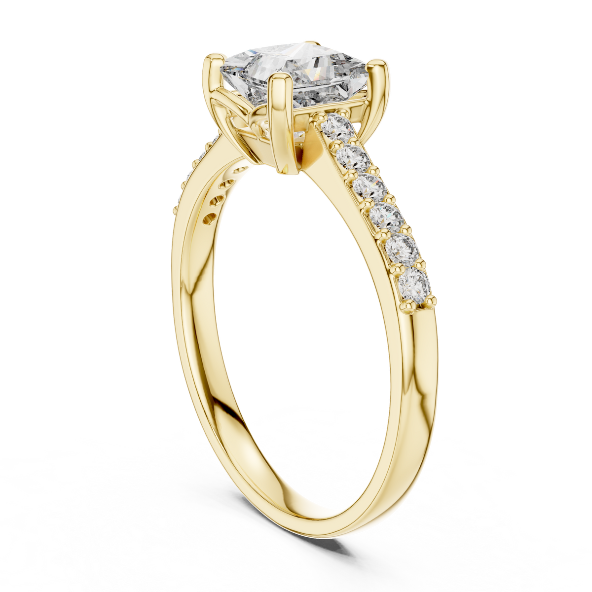Princess Cut Moissanite Ring with Pavé Shoulders in yellow 925 sterling silver, view 1
