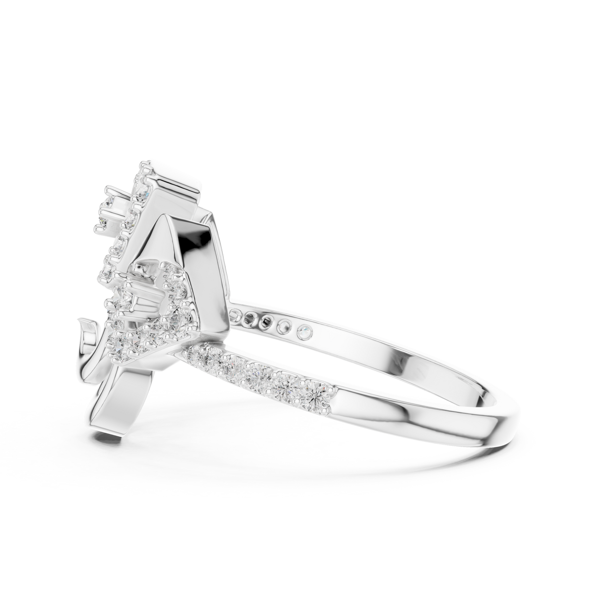 Geometric Pavé Fan and Swirl Moissanite Ring in white 925 sterling silver, view 3