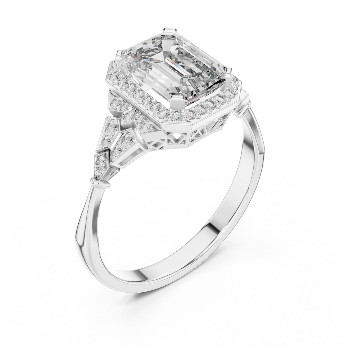 Emerald Cut Art Deco Halo Moissanite Ring in white 925 sterling silver, view 2