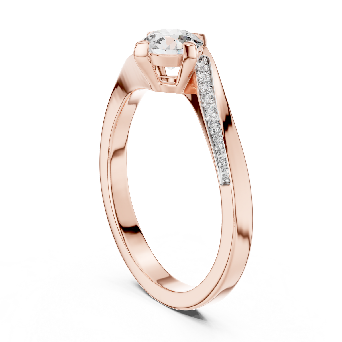 Bypass Solitaire Moissanite Ring with Pavé Shoulders in rose 925 sterling silver, view 1