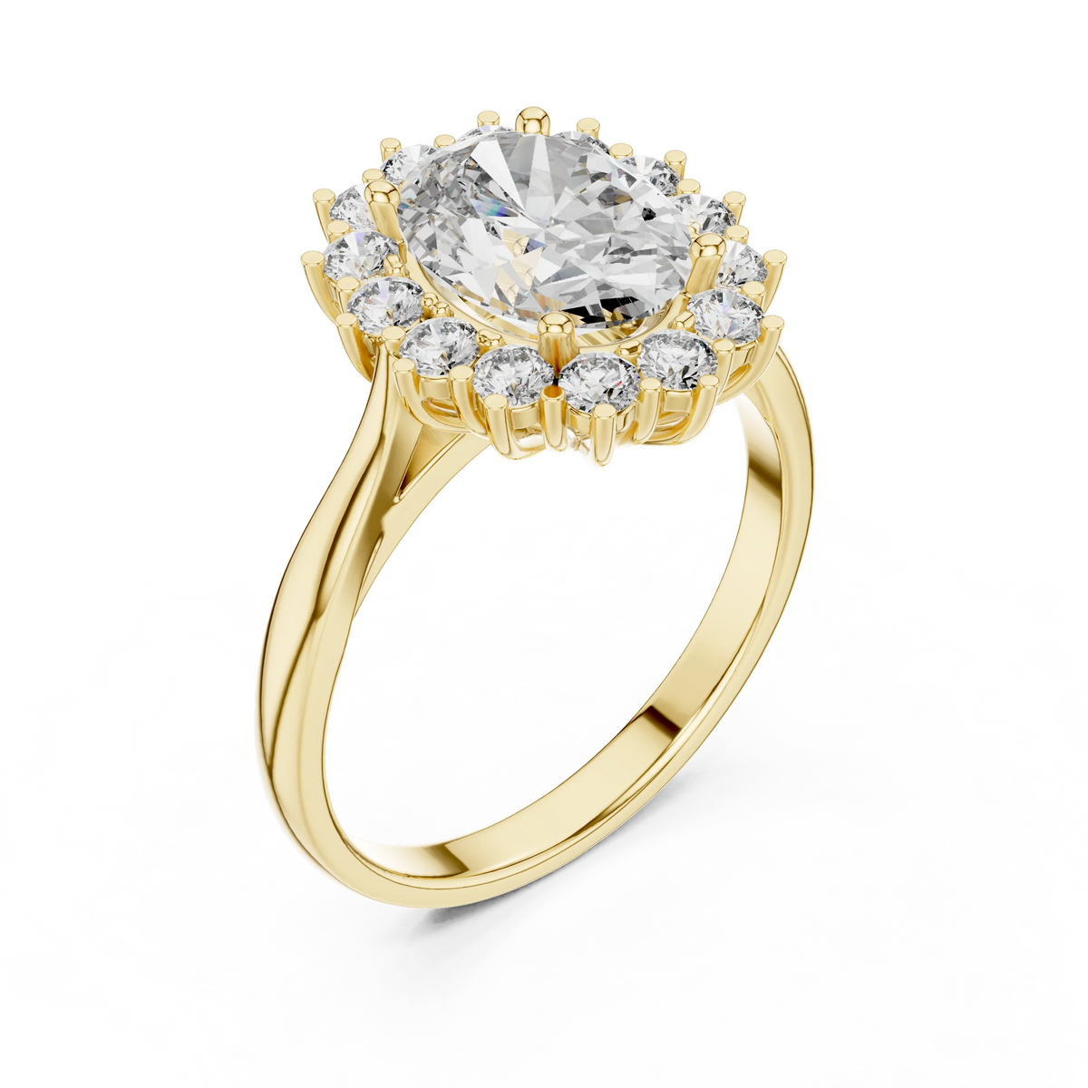 Oval Halo Moissanite Engagement Ring in yellow 925 sterling silver, view 2