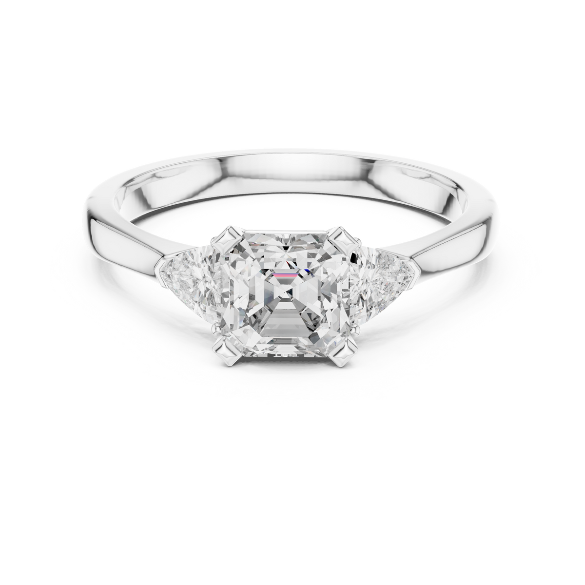 Asscher Cut and Trillion Three Stone Moissanite Ring in white 925 sterling silver, view 4