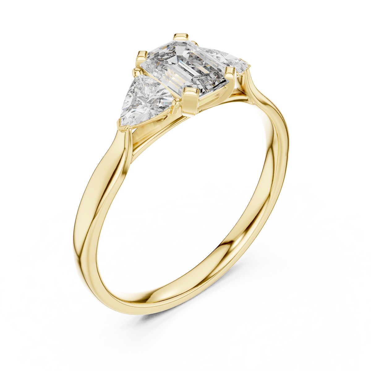 Emerald Cut and Trillion Three Stone Moissanite Ring in yellow 925 sterling silver, view 2