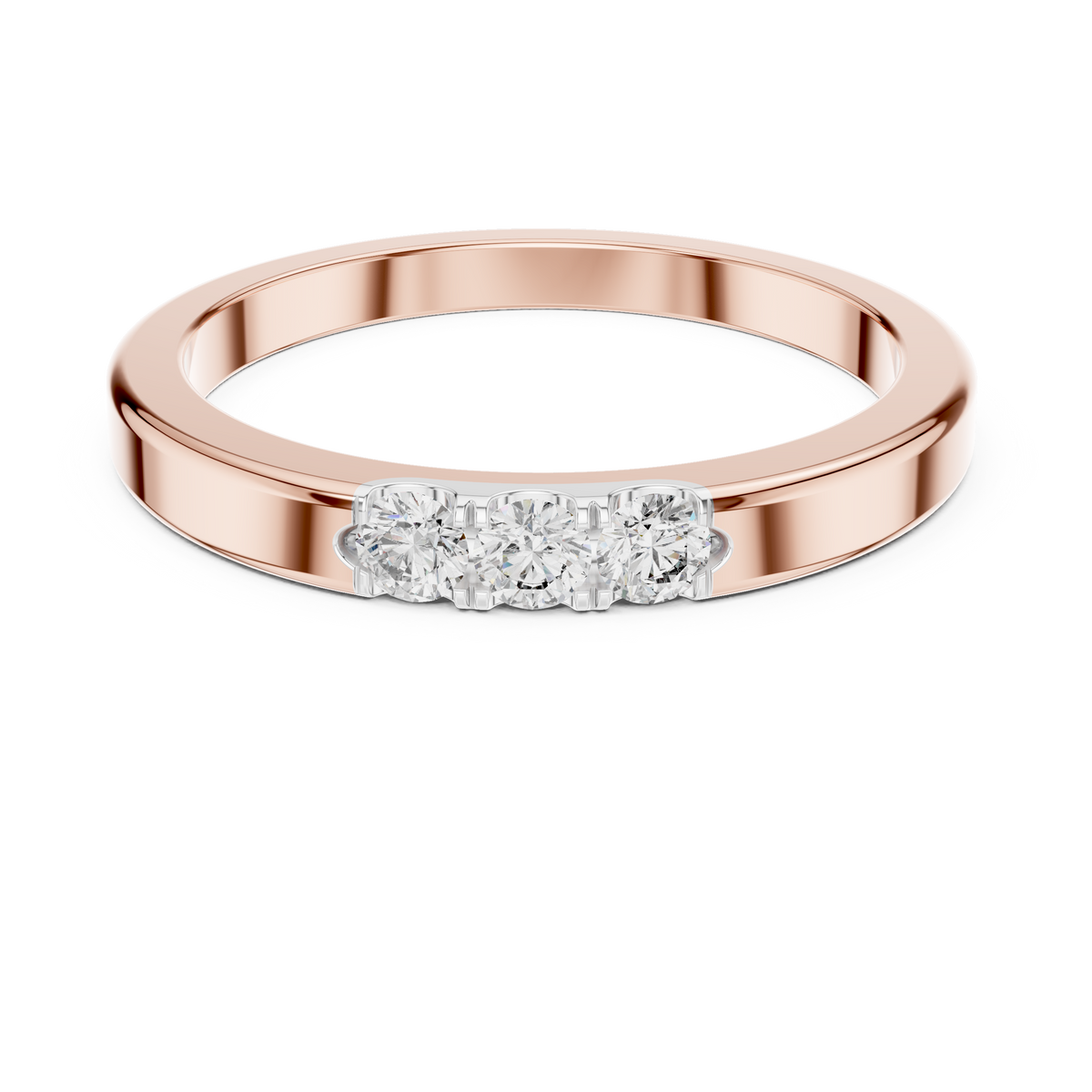 Three Stone Flat Moissanite Band in rose 925 sterling silver, view 4