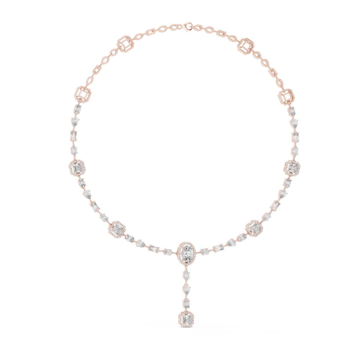 Halo Emerald Station Y Drop Necklace in rose 925 sterling silver, view 1