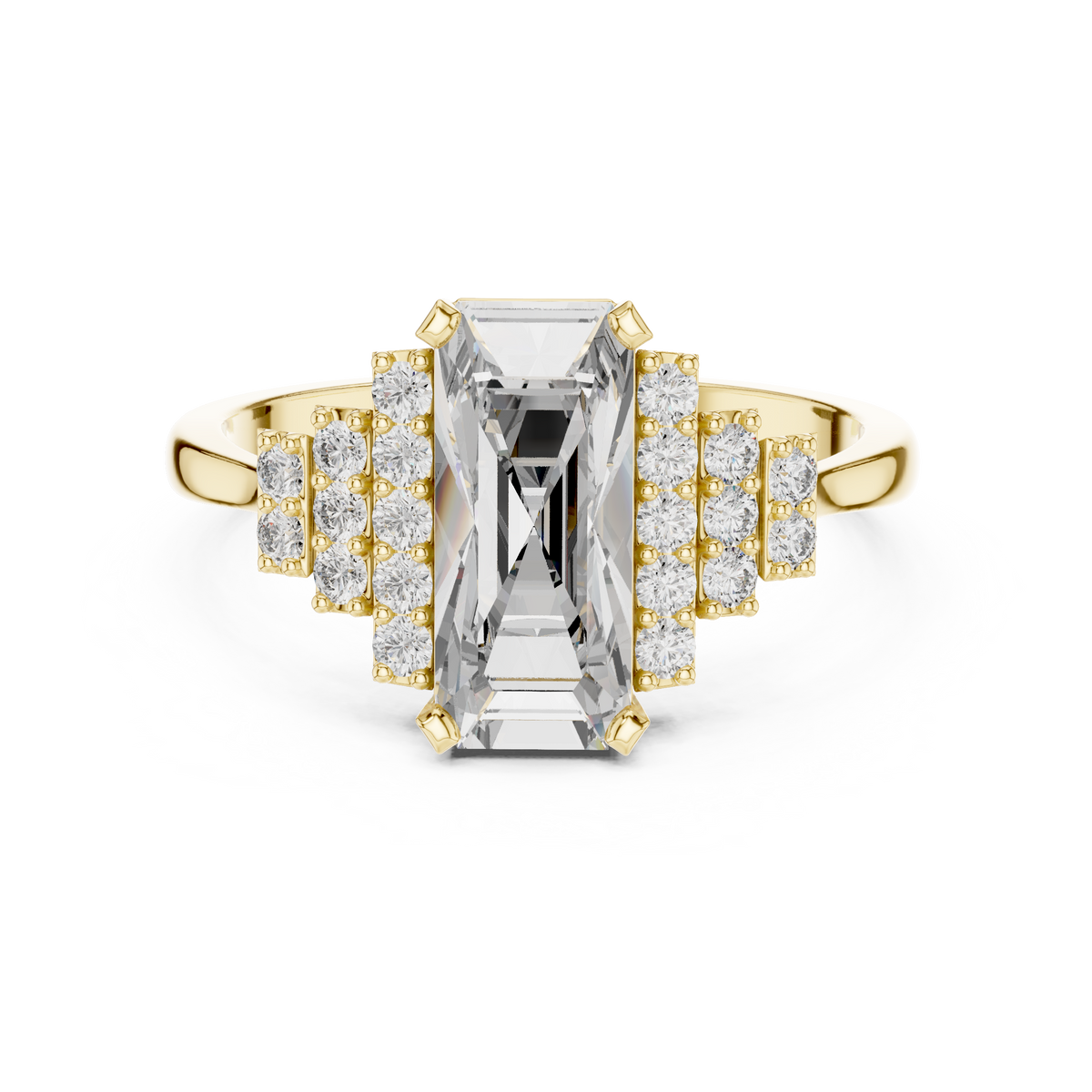 Elongated Emerald Cut Art Deco Moissanite Ring in yellow 925 sterling silver, view 4