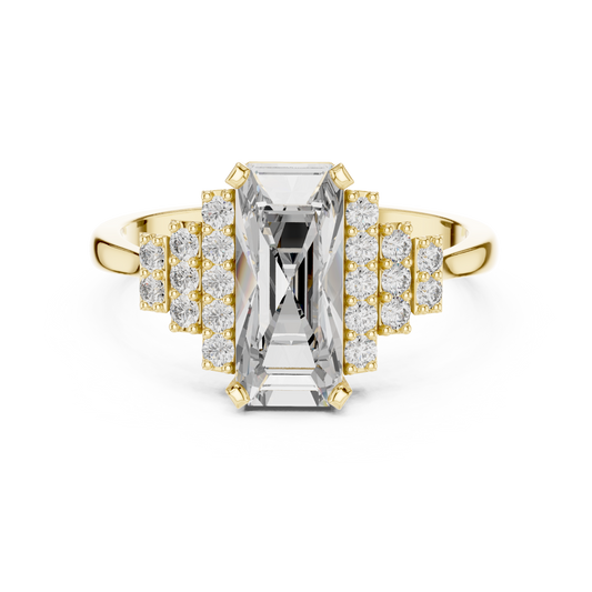 Elongated Emerald Cut Art Deco Moissanite Ring in yellow 925 sterling silver, view 4