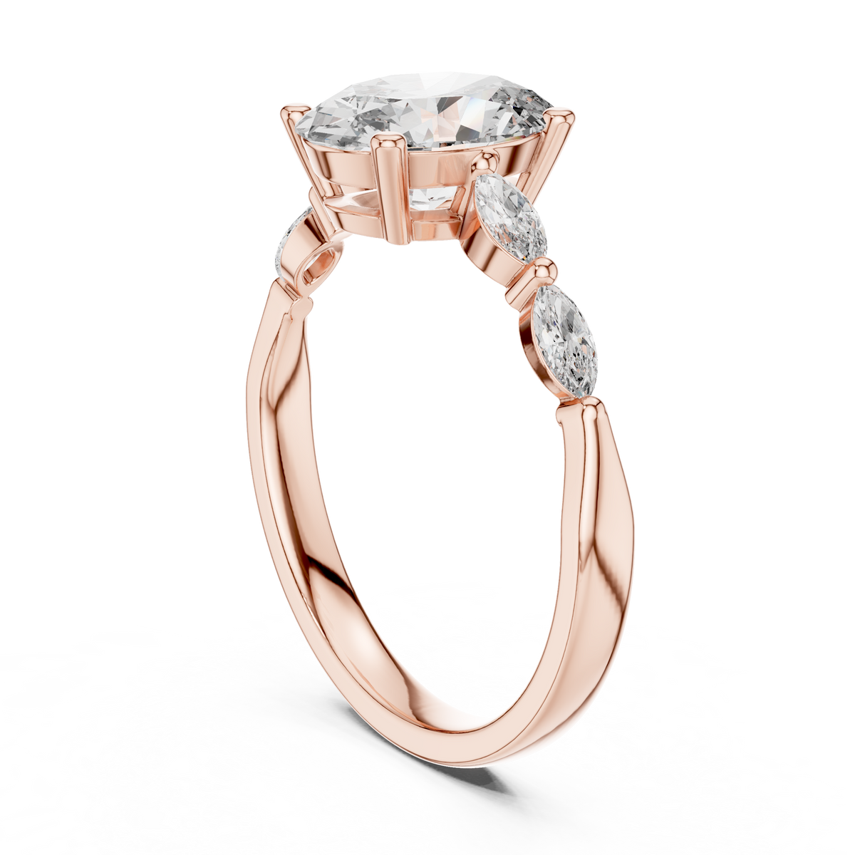 Oval Moissanite Ring with Marquise Accent Shoulders in rose 925 sterling silver, view 1