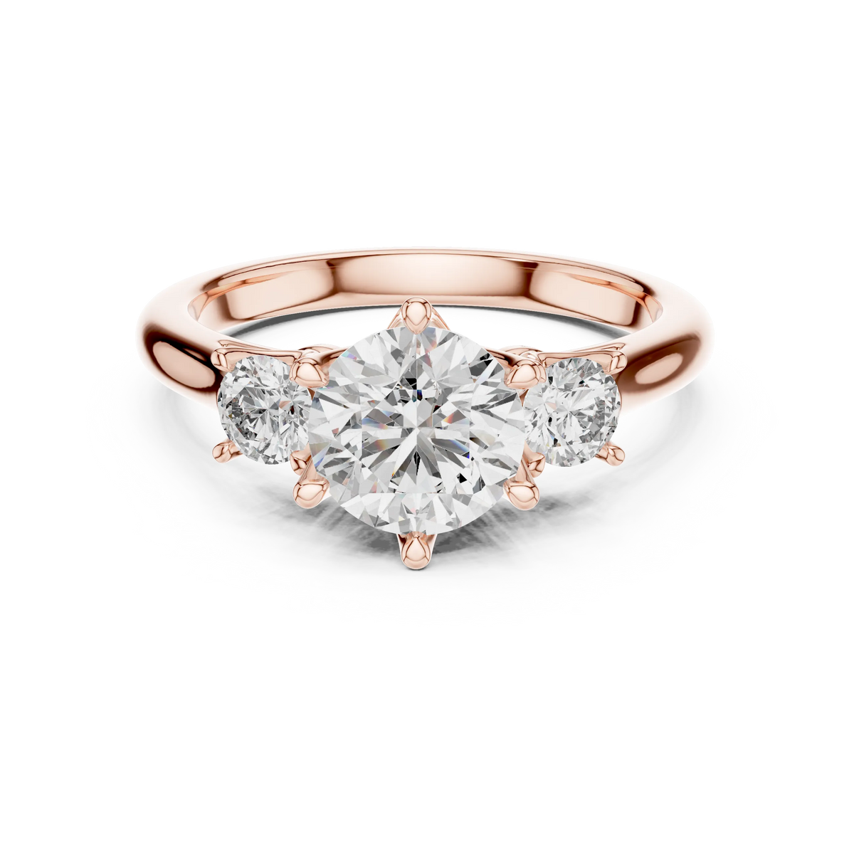 Round Three Stone Moissanite Engagement Ring in rose 925 sterling silver, view 4