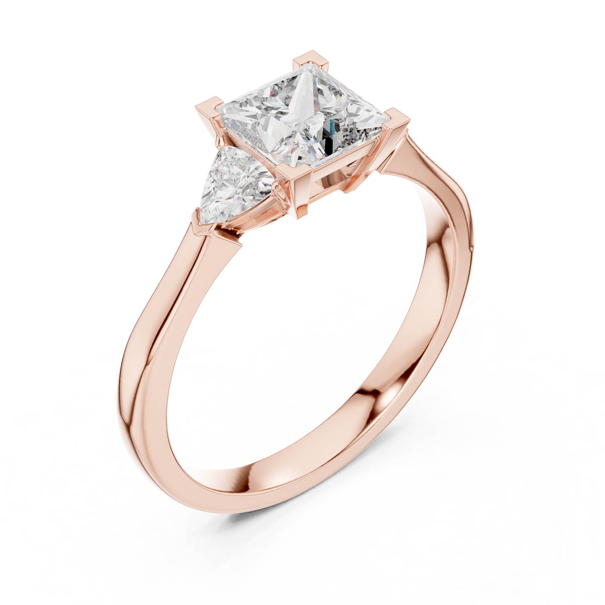 Princess Cut and Trillion Three Stone Moissanite Ring in rose 925 sterling silver, view 2