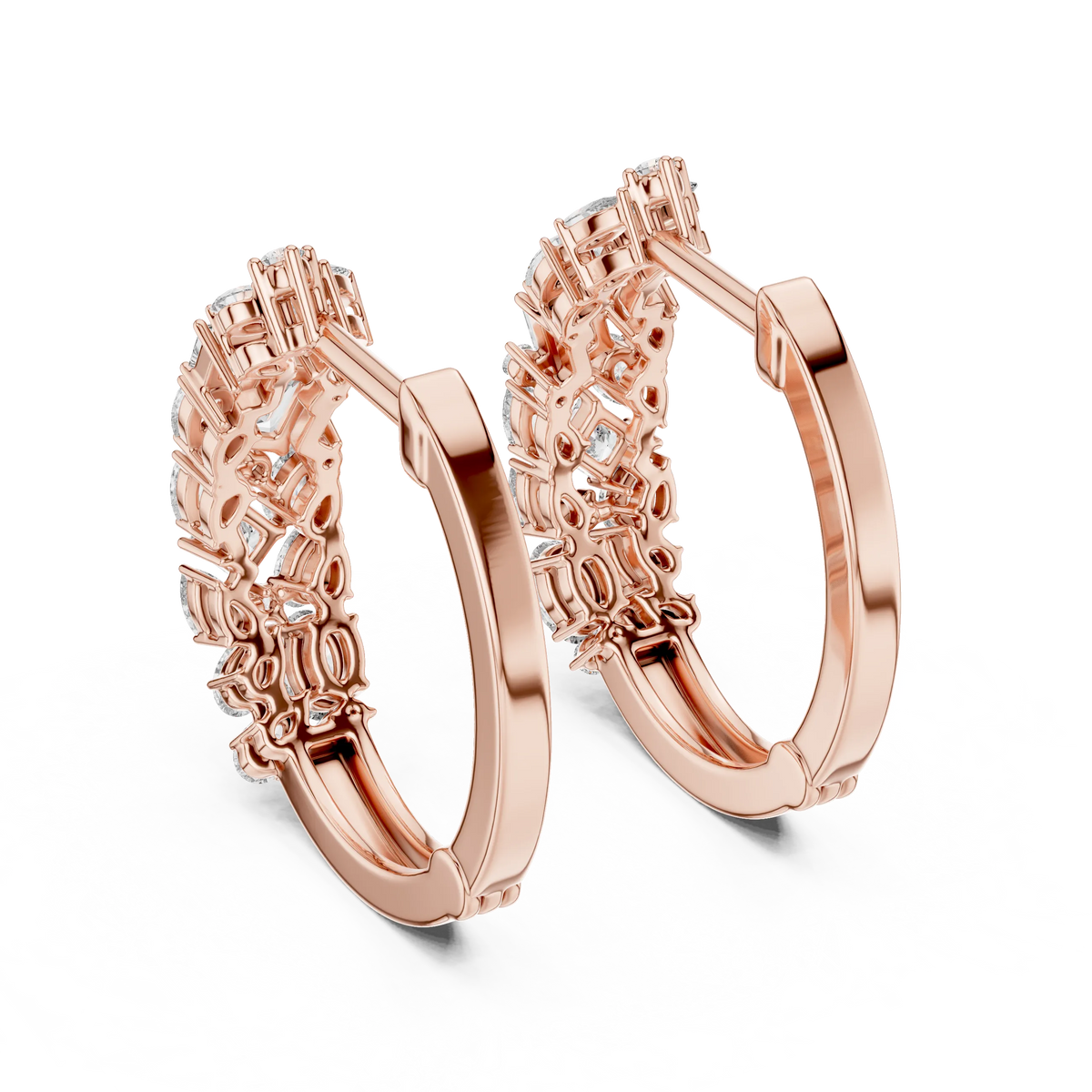 Mixed shape moissanite cluster hoop earrings in rose 925 sterling silver, view 3