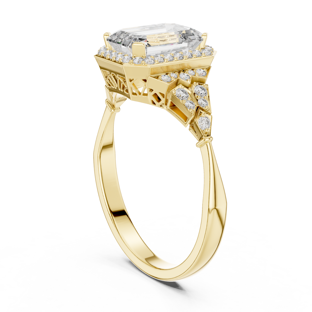 Emerald Cut Art Deco Halo Moissanite Ring in yellow 925 sterling silver, view 1