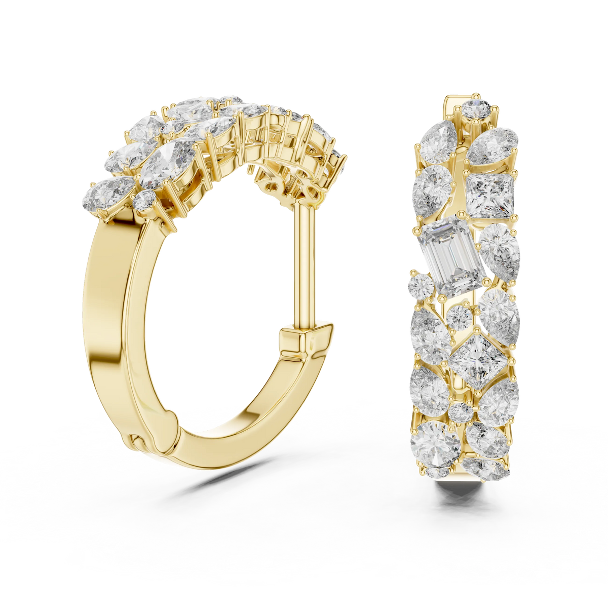 Mixed shape moissanite cluster hoop earrings in yellow 925 sterling silver, view 1