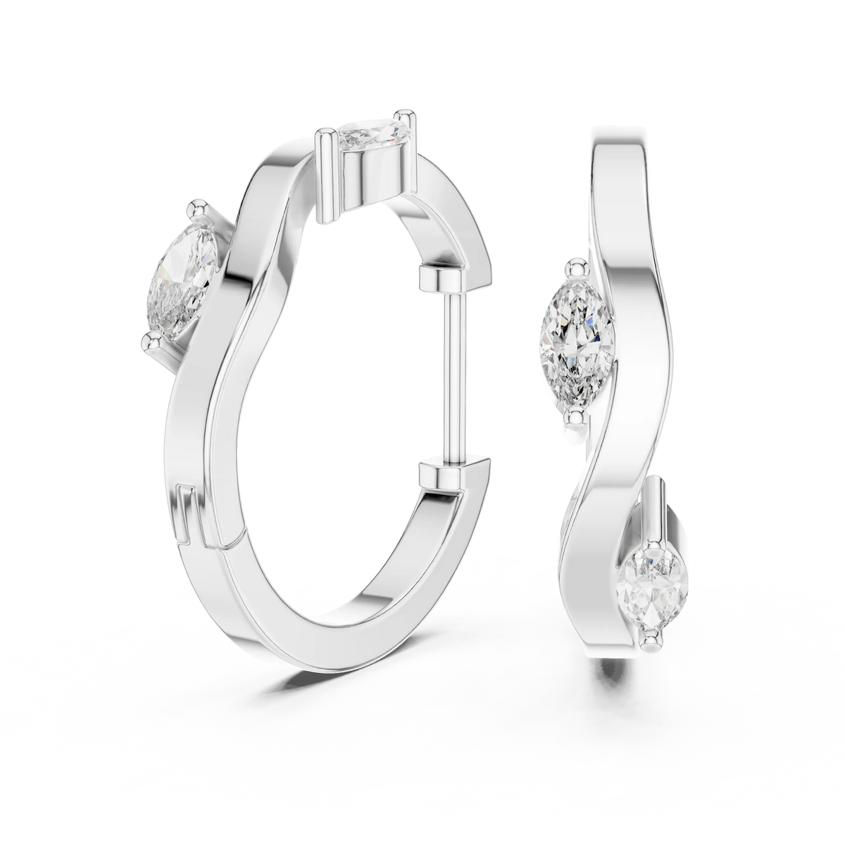 Marquise moissanite wave huggie hoop earrings in white 925 sterling silver, view 1