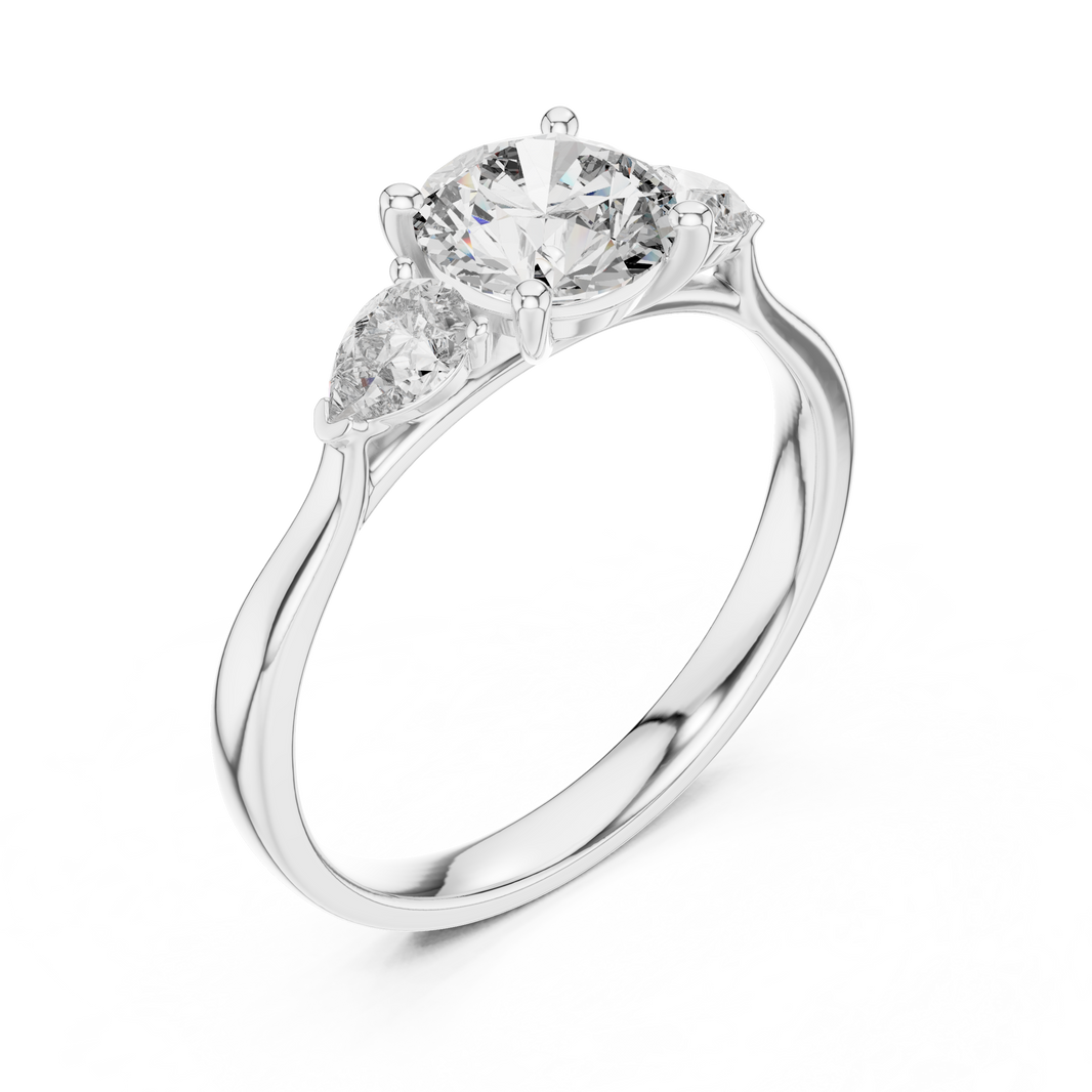 Round and Pear Three Stone Moissanite Ring in white 925 sterling silver, view 2