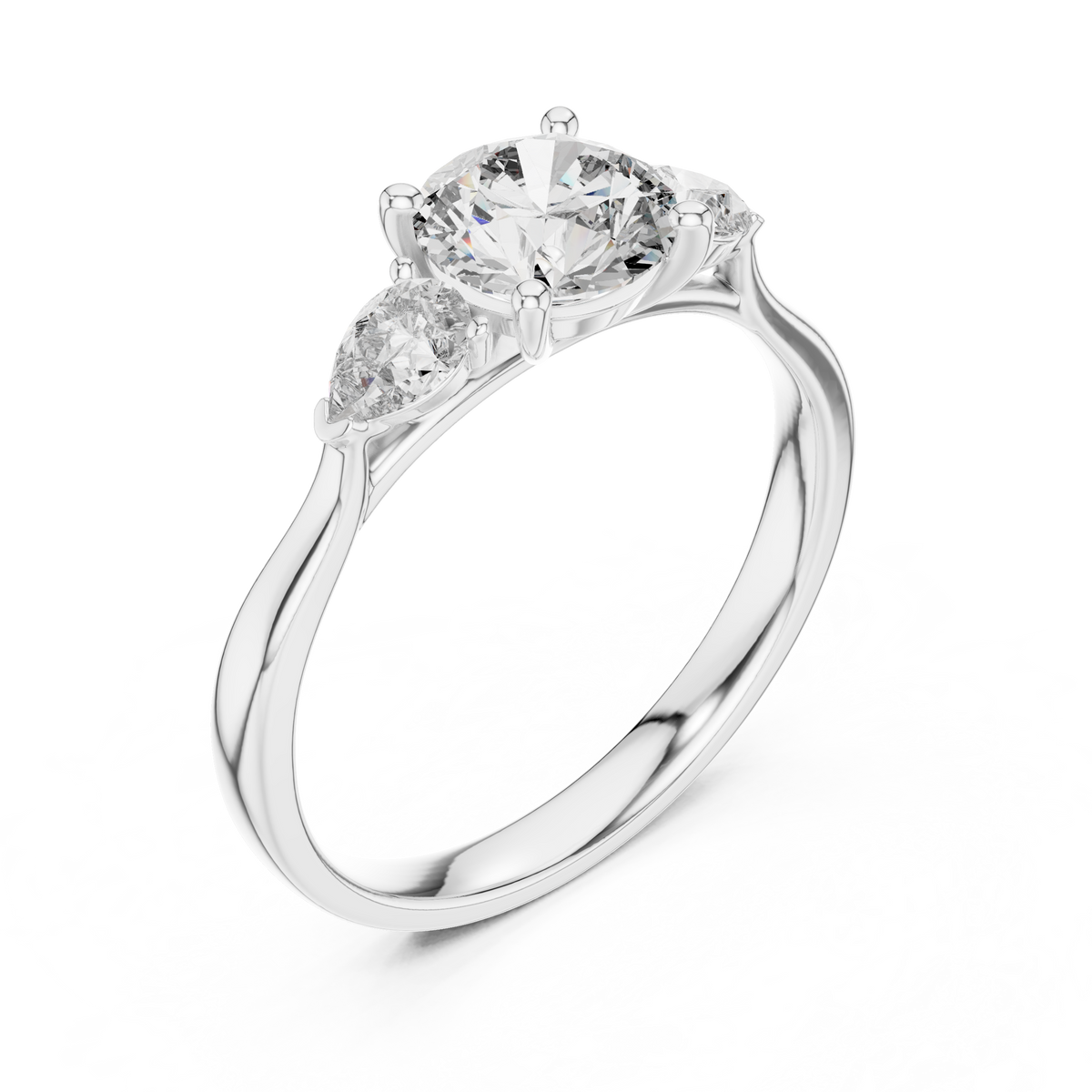 Round and Pear Three Stone Moissanite Ring in white 925 sterling silver, view 2