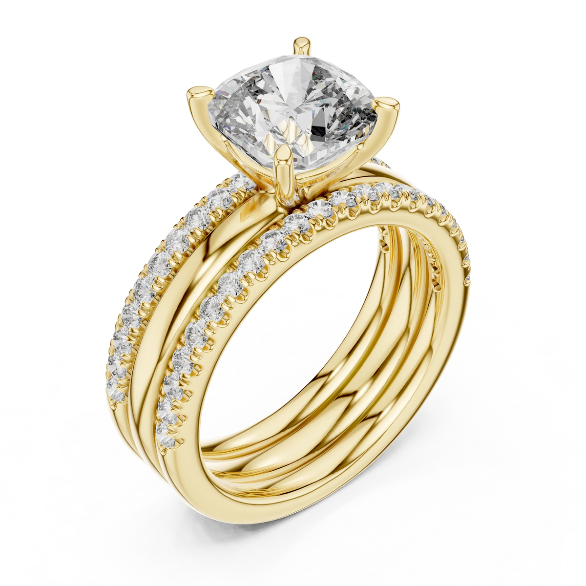 Cushion Cut Solitaire Moissanite Ring with Double Pavé Band in yellow 925 sterling silver, view 2
