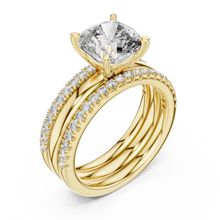 Cushion Cut Solitaire Moissanite Ring with Double Pavé Band in yellow 925 sterling silver, view 2