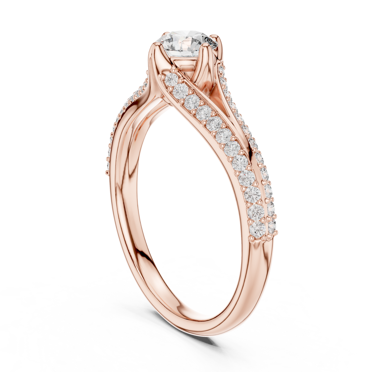 Round Compass Set Moissanite Bypass Ring with Pavé Split Shank in rose 925 sterling silver, view 1