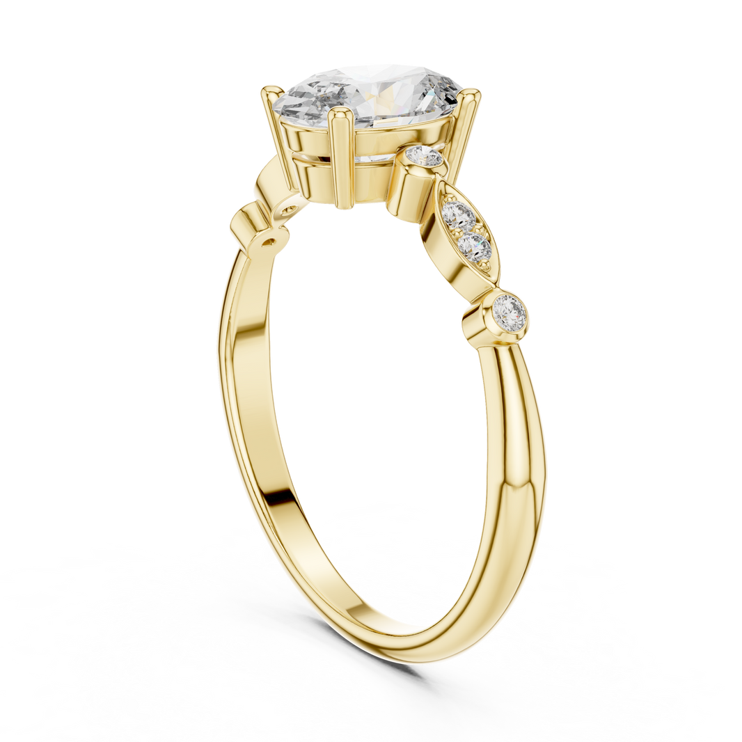 Oval Moissanite Ring with Bezel and Marquise Station Accents in yellow 925 sterling silver, view 1