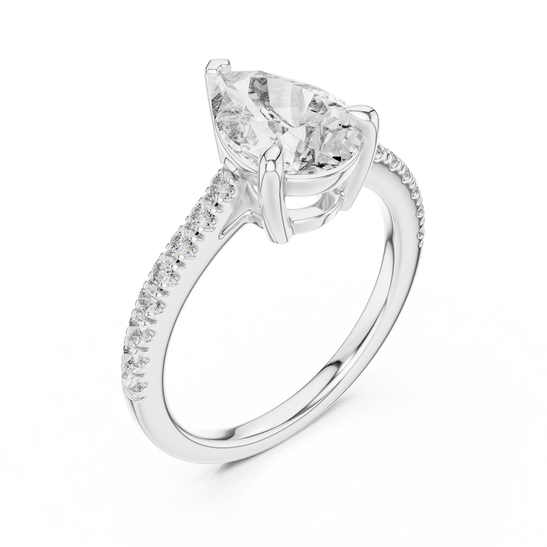 Pear Moissanite Engagement Ring with Pavé Band in white 925 sterling silver, view 2
