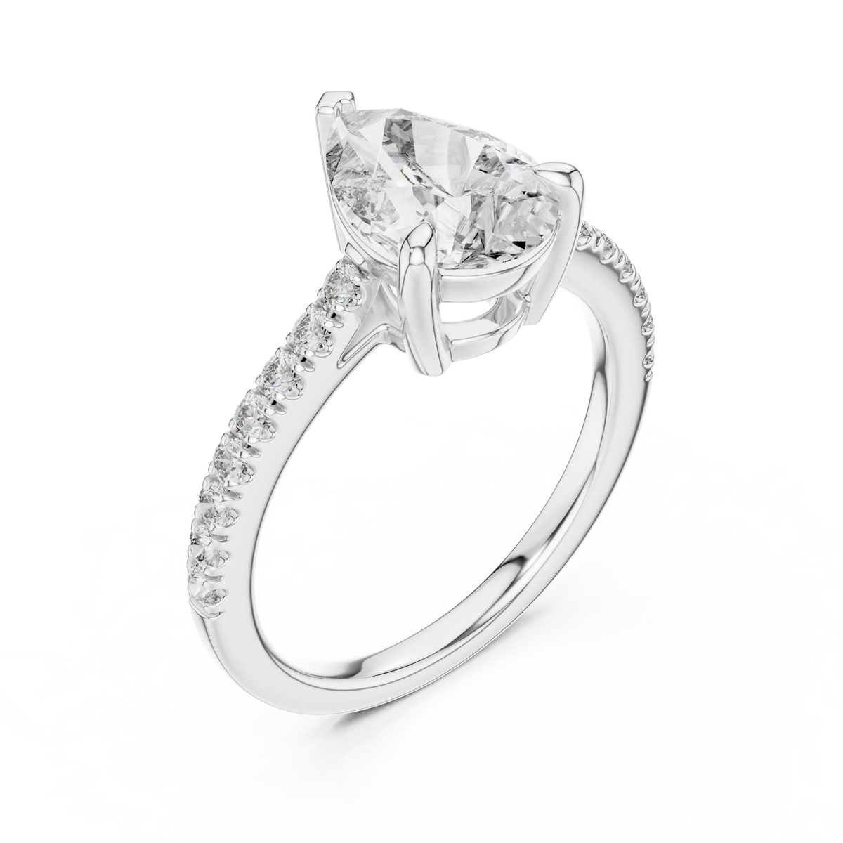 Pear Moissanite Engagement Ring with Pavé Band in white 925 sterling silver, view 2