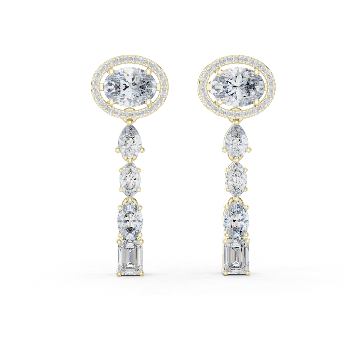 Oval Halo Mixed Shape Moissanite Line Drop Earrings in yellow 925 sterling silver, view 1