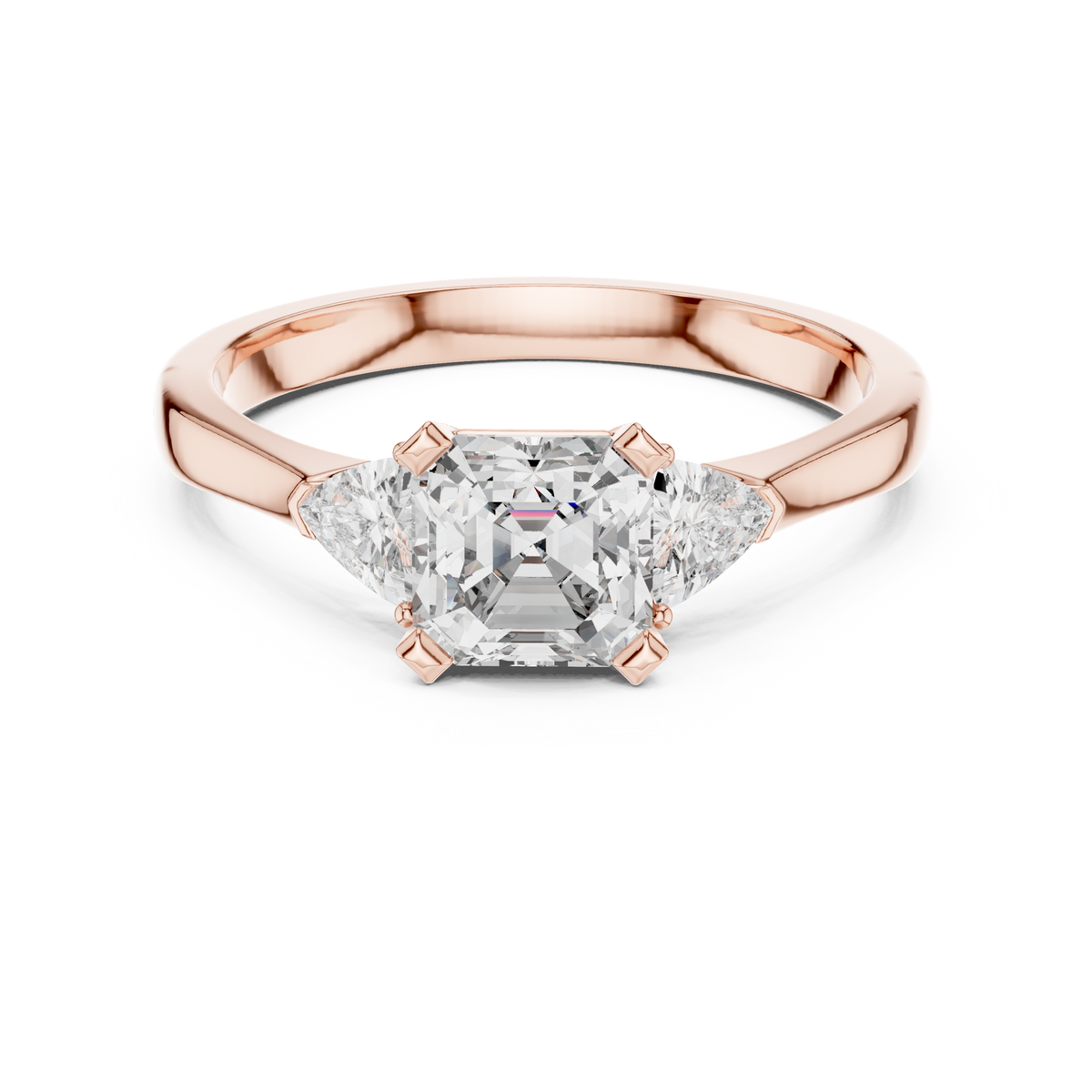 Asscher Cut and Trillion Three Stone Moissanite Ring in rose 925 sterling silver, view 4